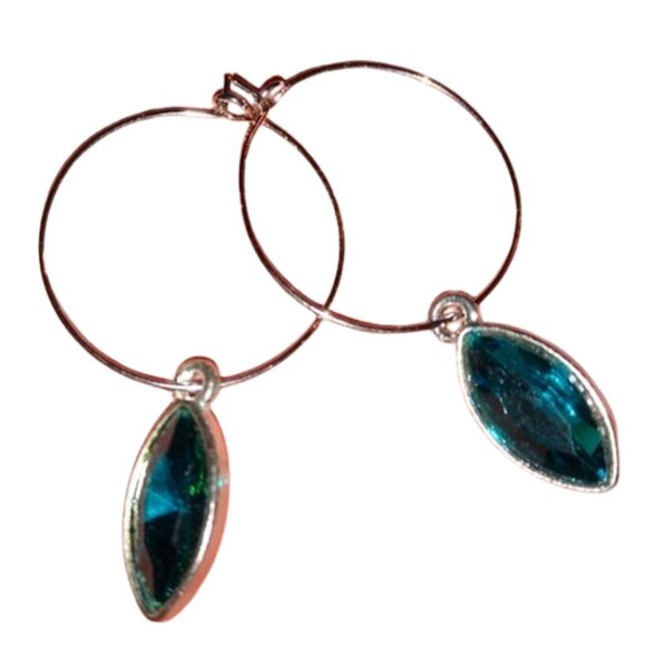 Teal Blue Marquis Rhinestone Silver Hoop Crystal Earrings Hoops Handmade KATTA - Picture 1 of 8